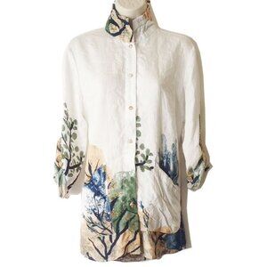 NWOT Shana High Neck Button Down Tunic Blouse M Painted Trees Roll Up Sleeves
